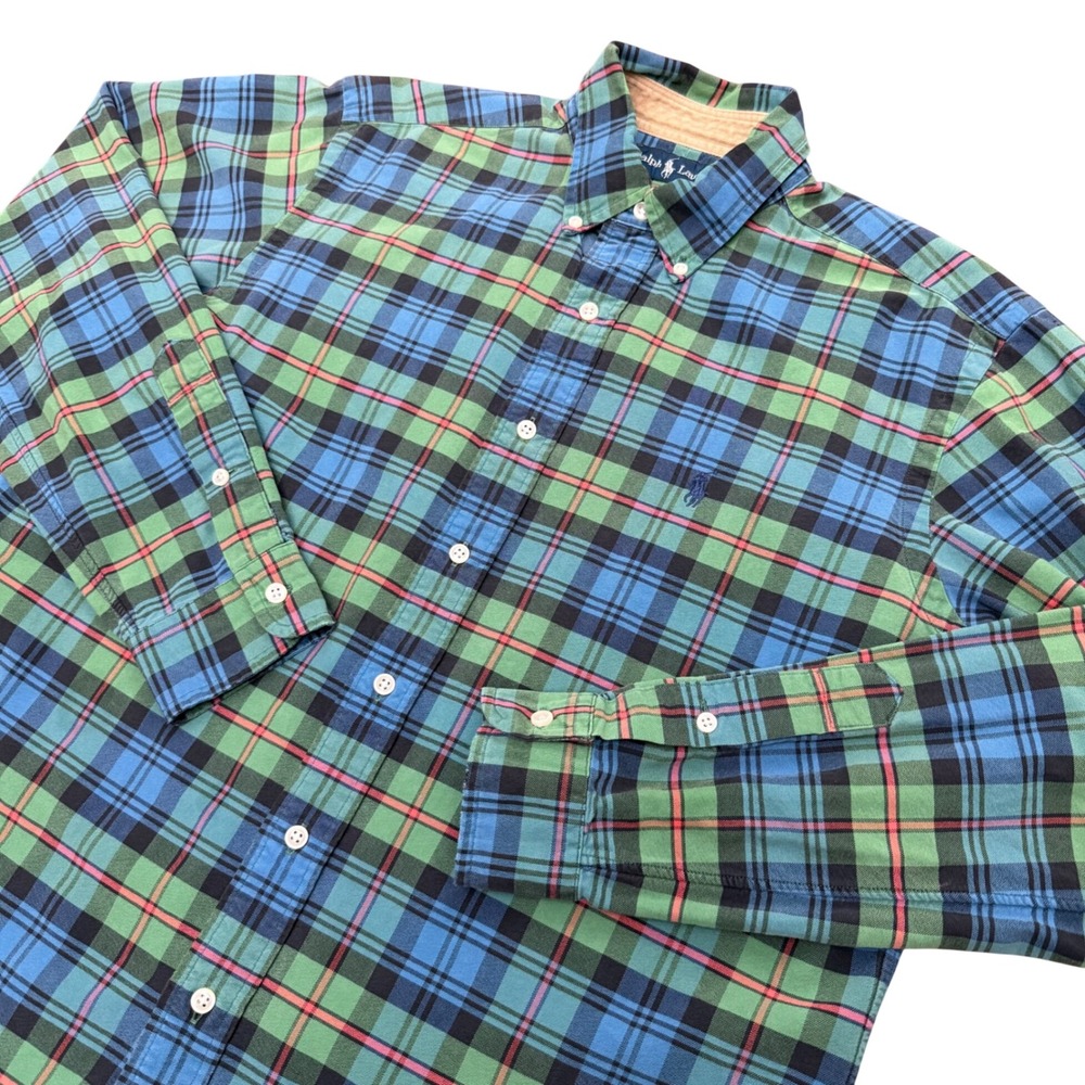 Ralph Lauren Plaid Button Down Mens Medium Green Blue Long Sleeve Cotton‎ Shirt